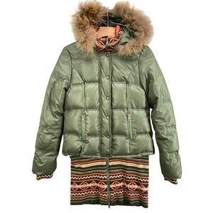 MaxMara Weekend Puffer Jacket Dress Sz 8 Fur Trim Down Fill Green Quilted Zip Up